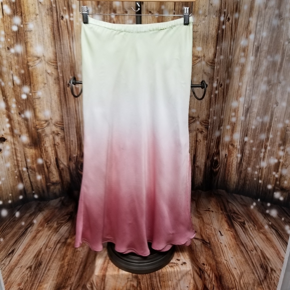 YFB Light Green & Pink High Rise Women's Sm Elastic Waist Midi Skirt W/ Slit
